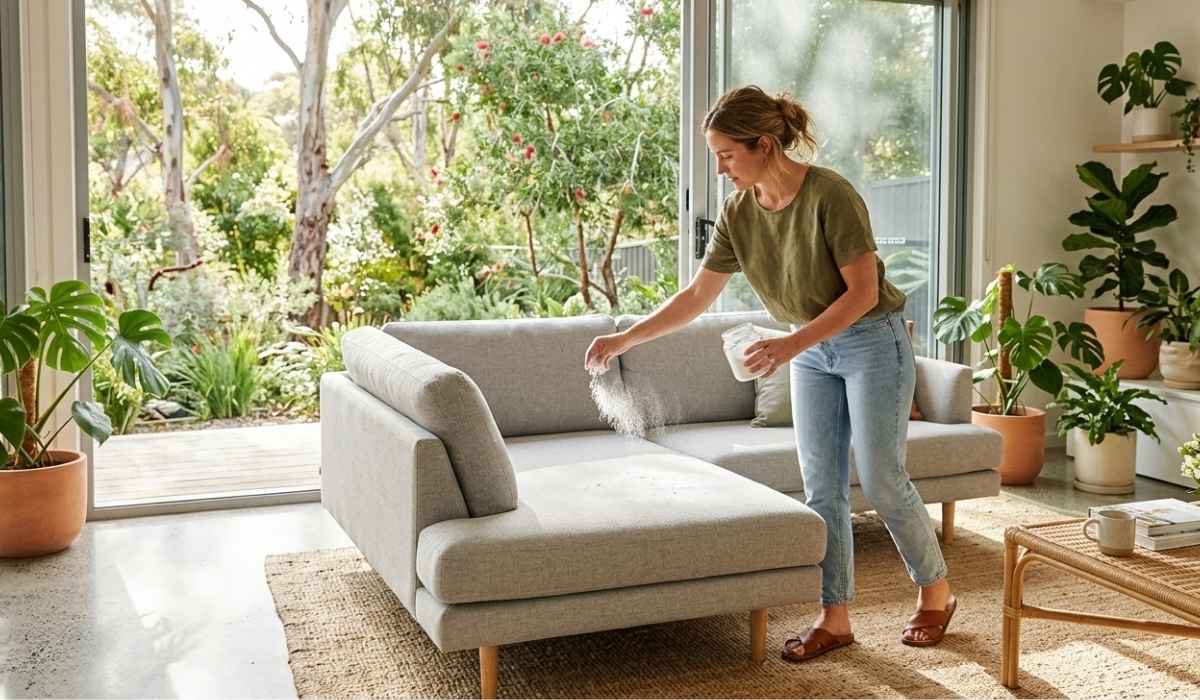 A woman in a green t-shirt and jeans sprinkles baking soda from a glass jar onto a light grey fabric chaise lounge.