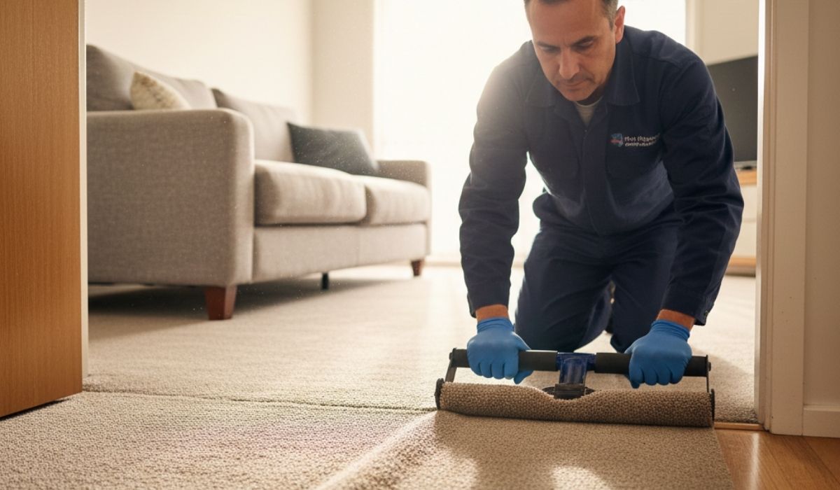 A professional carpet technician in a navy uniform kneels on a beige carpet, using a specialized stretching tool to remove ripples near a doorway.